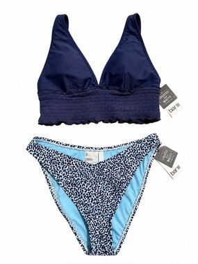 Bar III Navy Smocked Bralette Bikini Top & Cheetah Print Bottoms |S| NWT